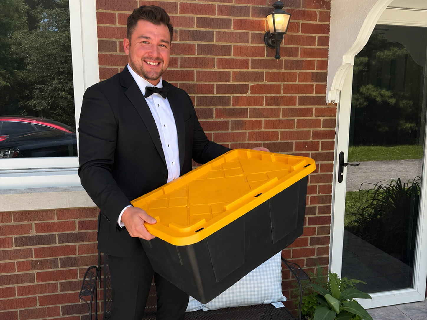 Indy Tote Co owner delivering a reusable moving tote to a doorstep